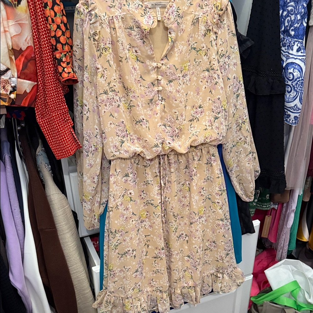 BCBGeneration Floral Long Sleeve Dress - Beige and Pink
